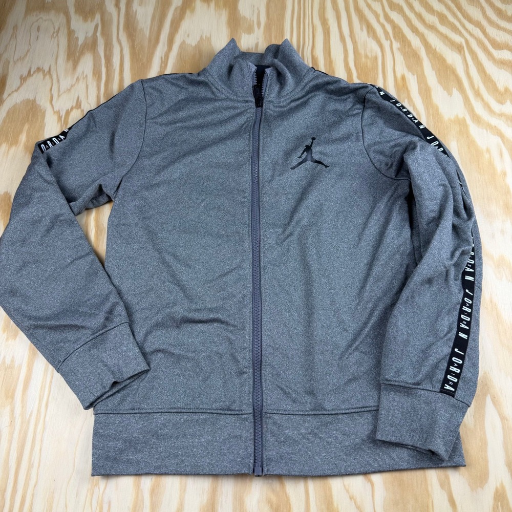 Jordan Boys Gray Full Zip Track Jacket Jumpman Logo Tape Sleeve Size M 10-12YRS